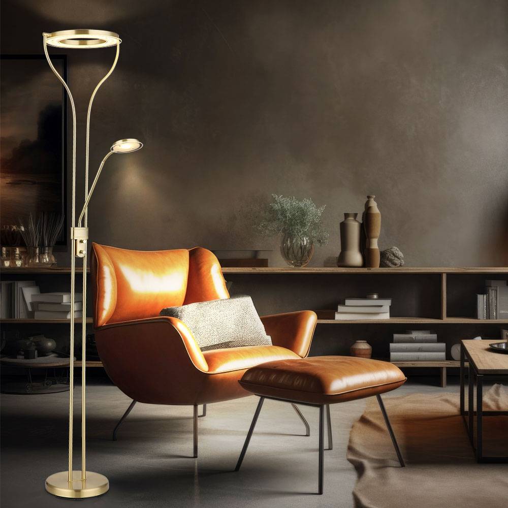 Stehleuchte Stehlampe Deckenfluter Wohnzimmerleuchte Schlafzimmerlampe, dimmbar, flexibler Lesespot, messingfarben matt satiniert, LED 20W 1800Lm