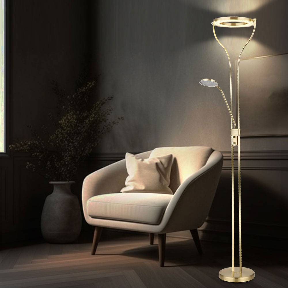 Stehleuchte Stehlampe Deckenfluter Wohnzimmerleuchte Schlafzimmerlampe, dimmbar, flexibler Lesespot, messingfarben matt satiniert, LED 20W 1800Lm