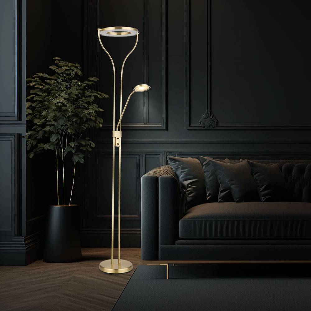 Stehleuchte Stehlampe Deckenfluter Wohnzimmerleuchte Schlafzimmerlampe, dimmbar, flexibler Lesespot, messingfarben matt satiniert, LED 20W 1800Lm