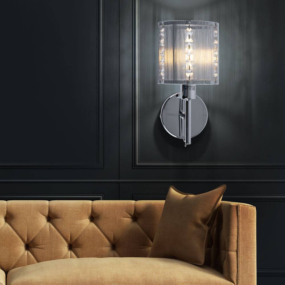 Wandlampe Chrom Wohnzimmerleuchte Wandleuchte Kristalle Schlafzimmer Bettleuchte, Metall, 1x E14, BxH 12 x 24,5 cm