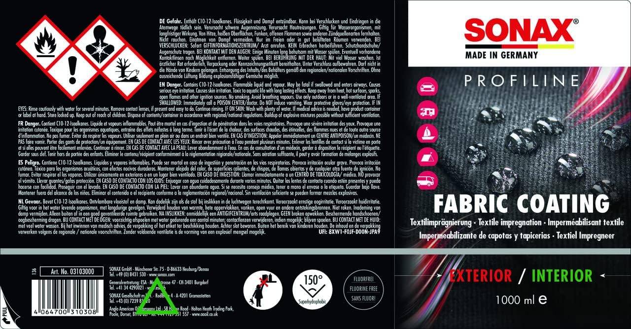 # Rückseite der SONAX PROFILINE Fabric Coating mit Gefahrenhinweisen, Strichcode, Verwendungssymbolen und Produktinformationen für 'AUSSEN / INNEN' 1000 ml.