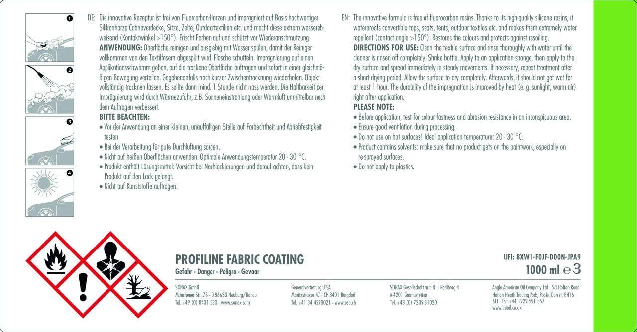 Sonax PROFILINE FabricCoating, Auto, Schutzbeschichtung, Exterior, Interieur, Flasche, Schwarz, Hand