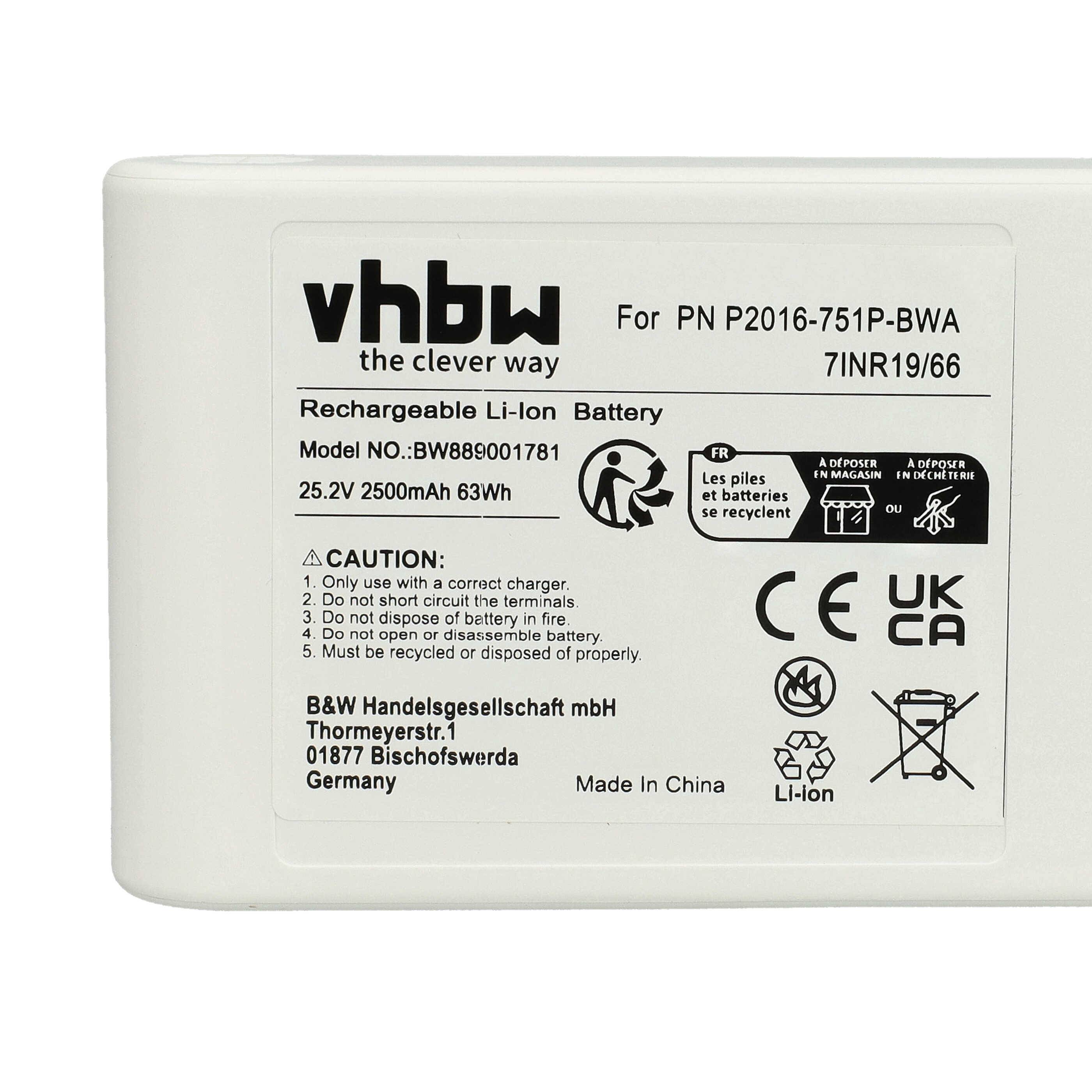 Wiederaufladbare Li-Ionen-Batterie für PN P2016-P51P-BWR. Modell BW8000H1781, 25,2V, 2500mAh. Enthält Sicherheitssymbole und Kontaktdaten.
