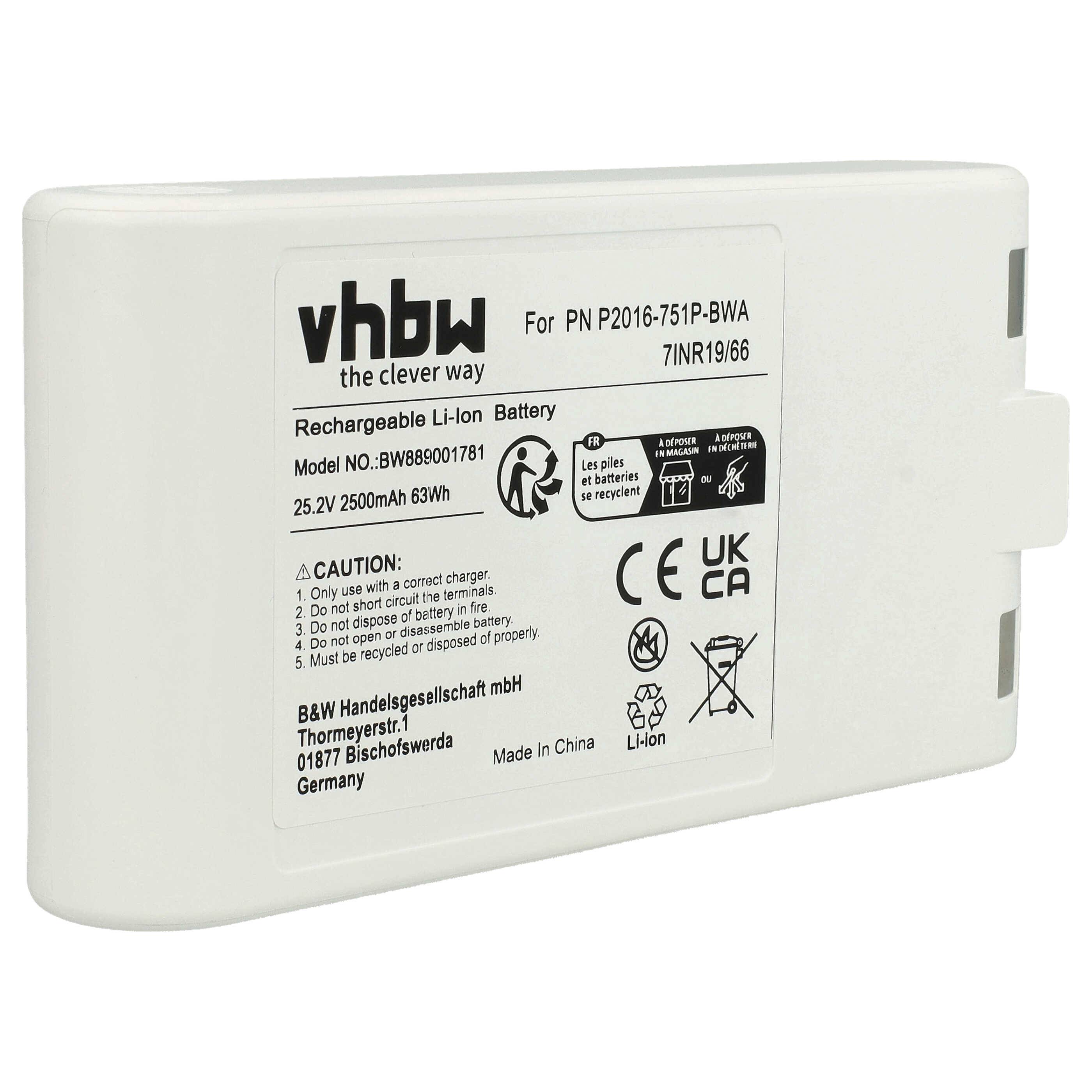 Akku mit Text, der angibt, dass es sich um einen vhbw wiederaufladbaren Li-Ionen-Akku handelt, 25,2V, 2500mAh, 63Wh. Enthält Sicherheitswarnungen und Herstellerangaben.