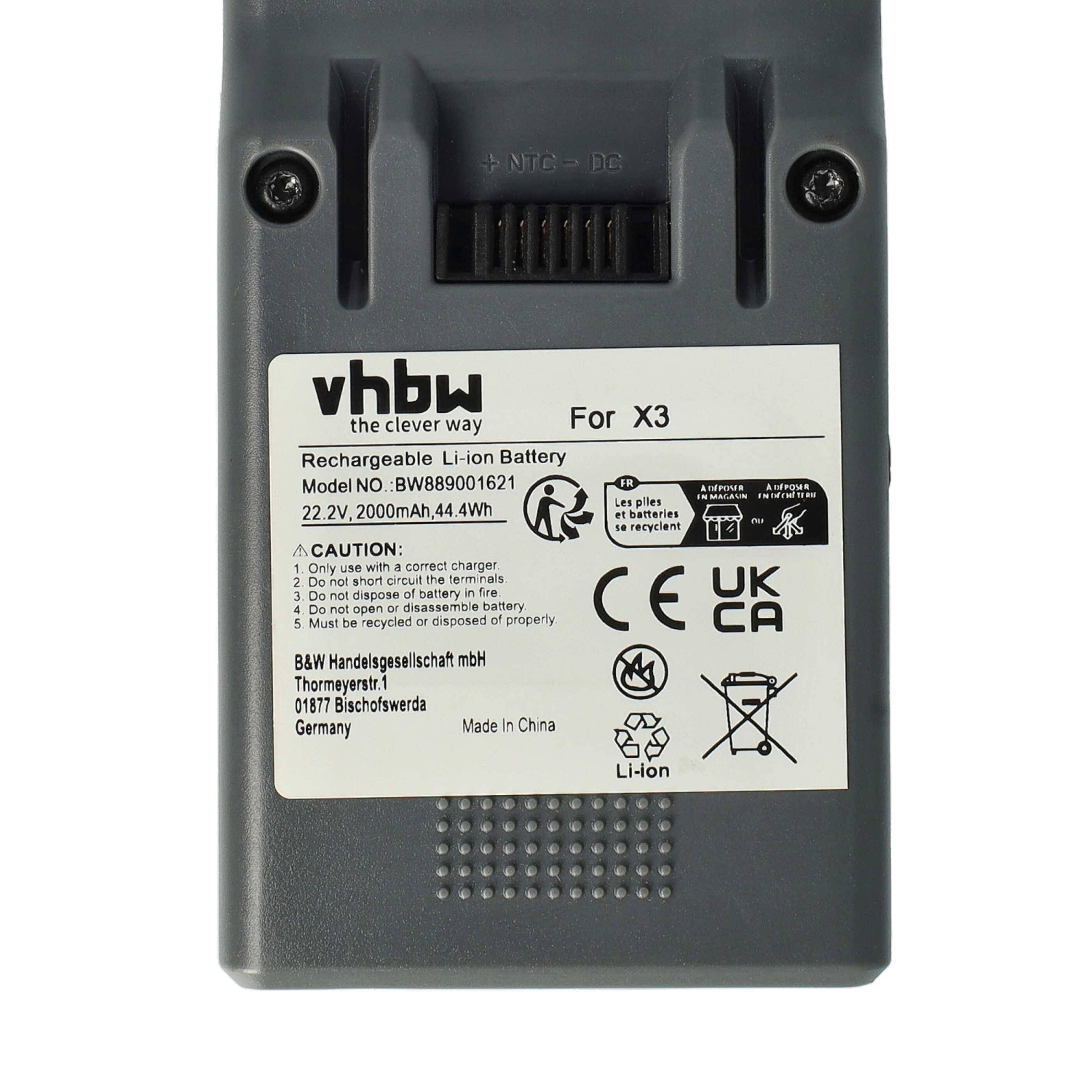 Ein grauer Lithium-Ionen-Akku mit der Bezeichnung „vhbw For X3