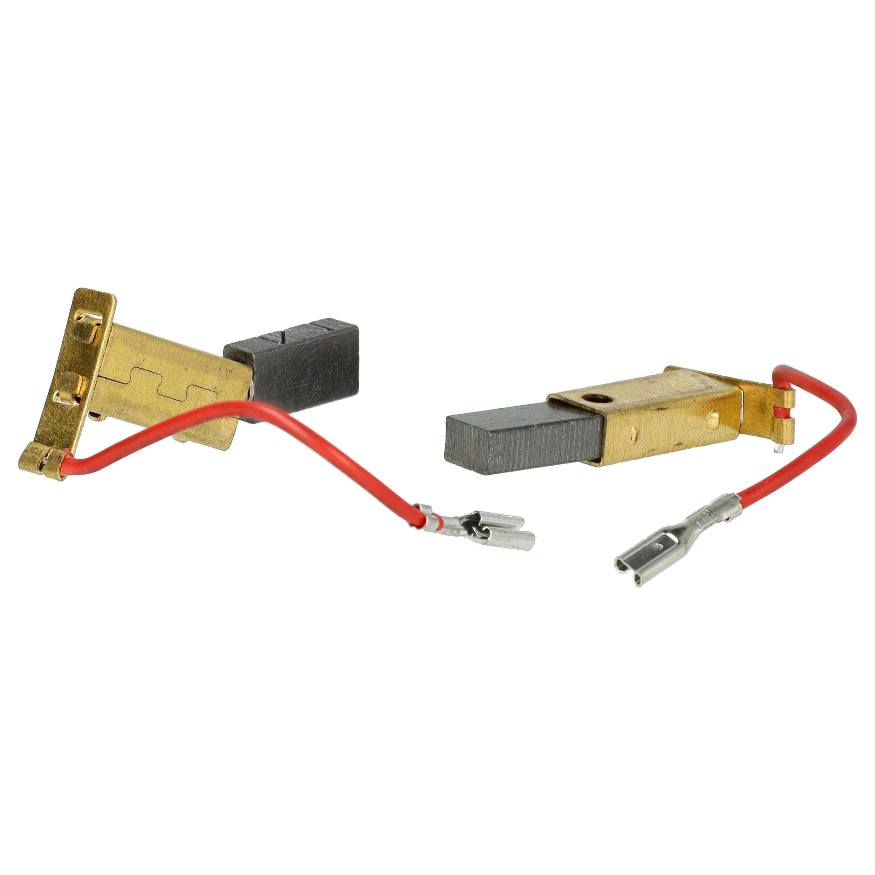 Zwei elektrische Motorenkohlebürsten mit roten Drähten und Messingkontakten, die zur Stromleitung zum Rotor des Motors verwendet werden.