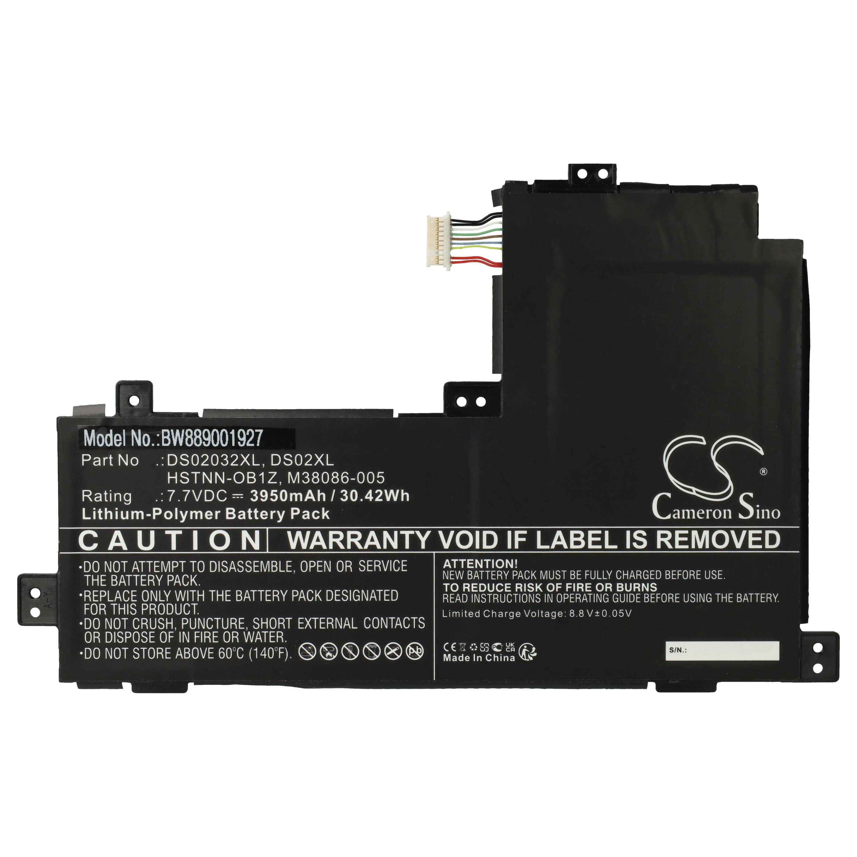 Batteriepaket mit Bezeichnung 'Cameron Sino' mit Warnung vor Garantieverlust bei Entfernung des Etiketts. Modell: DSO203XL, Spannung: 7,7VDC, Kapazität: 3950mAh.