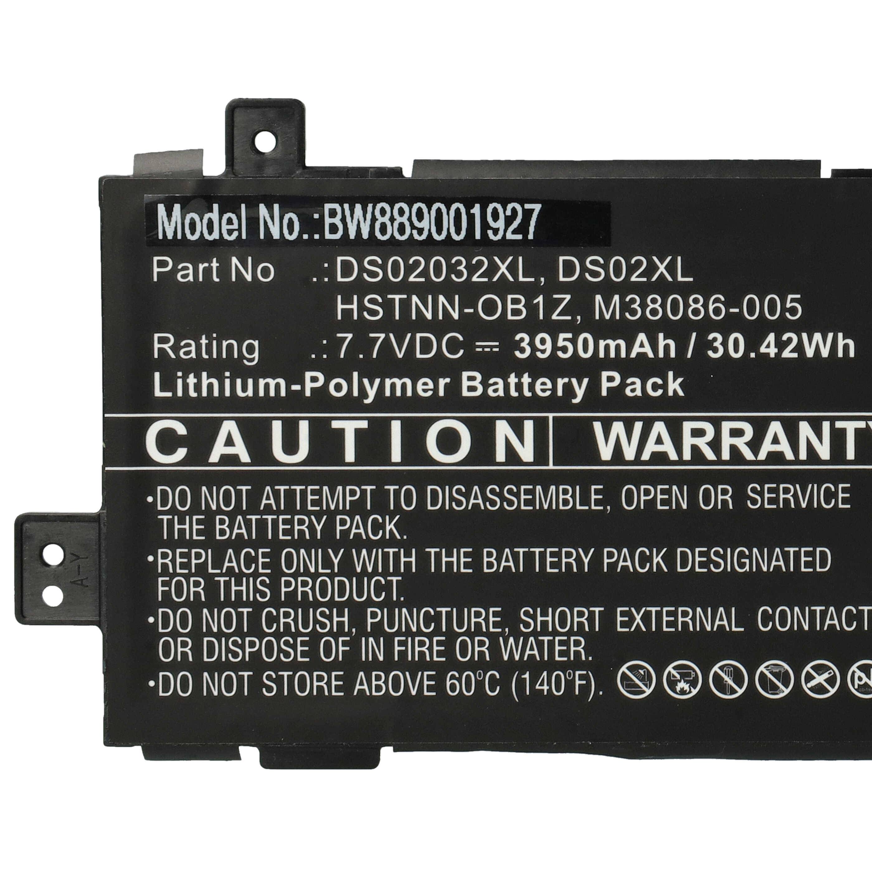 Batterie-Pack mit Modellen DS02032XL, DS02XL, Nennleistung 7,7V, 3950mAh/30,42Wh. Vorsicht: Zerlegung vermeiden; Betrieb unter 60°C (140°F).