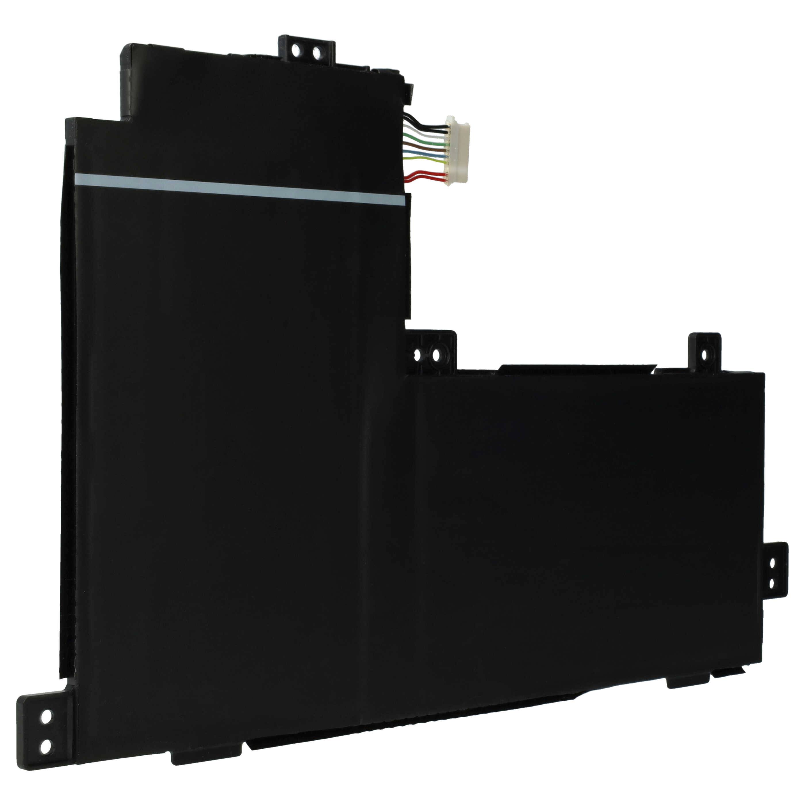 Eine schwarze Laptop-Batterie mit rechteckiger Form, gekennzeichnet durch einen weißen Streifen und einen mehrfarbigen Steckverbinder oben.