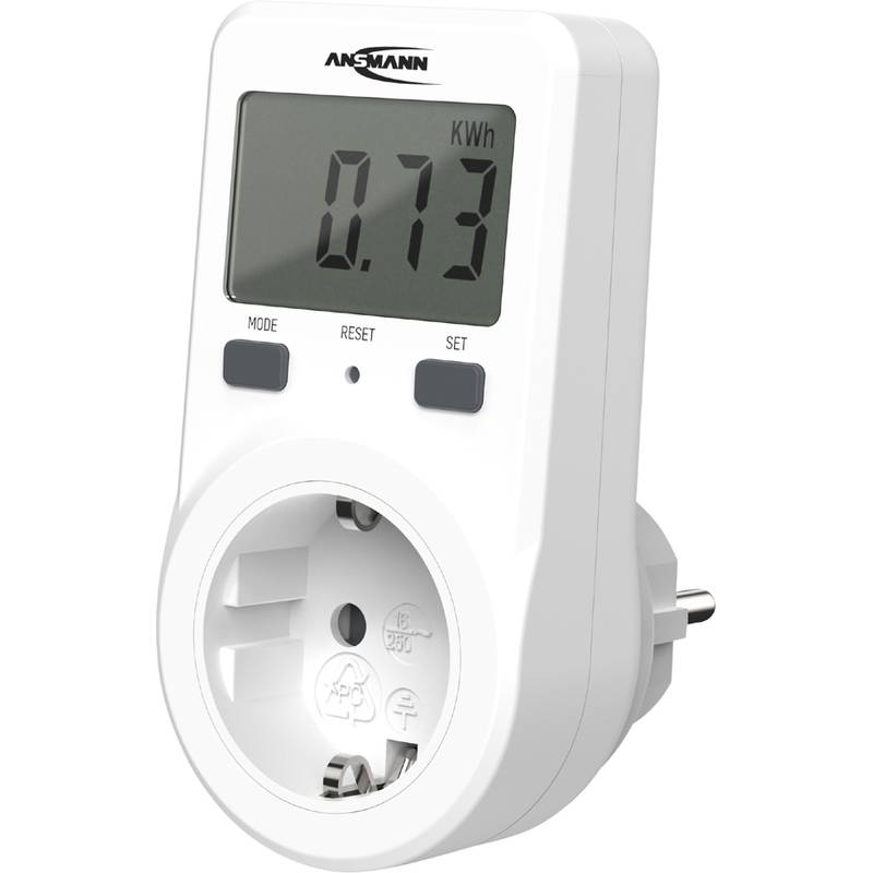 Ein digitaler Energiemesser, der in eine Steckdose eingesteckt ist, zeigt '0,73 kWh'. Er verfügt über Tasten mit den Beschriftungen 'Mode', 'Reset' und 'Set'.