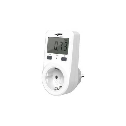 Weißes Stecker-Strommessgerät mit digitaler Anzeige, die 0,73 kWh anzeigt, und zwei Bedienungsschaltflächen.