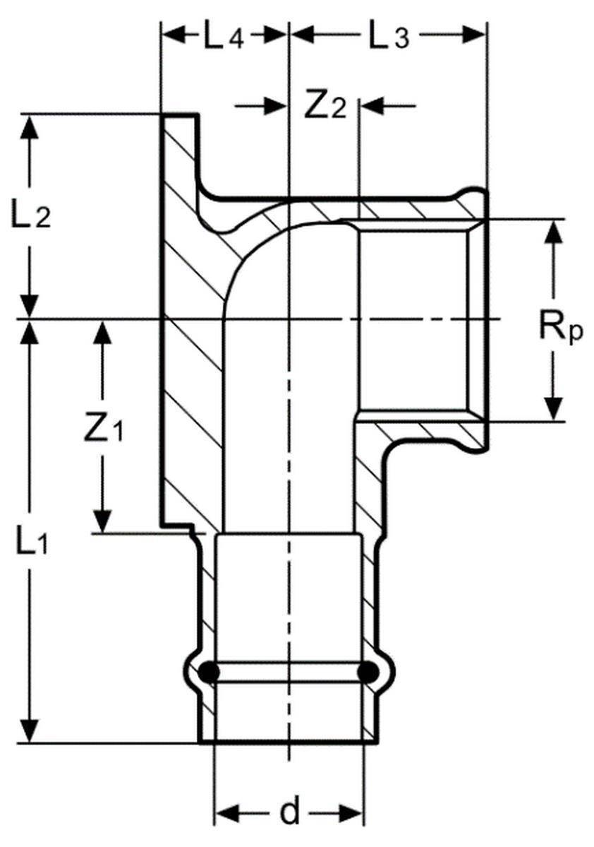 Technisches Querschnitts-Passungsdiagramm mit beschrifteten Abmessungen L1, L2, L3, L4, Z1, Z2, Rp und d mit Pfeilen zur Kennzeichnung von Messungen.
