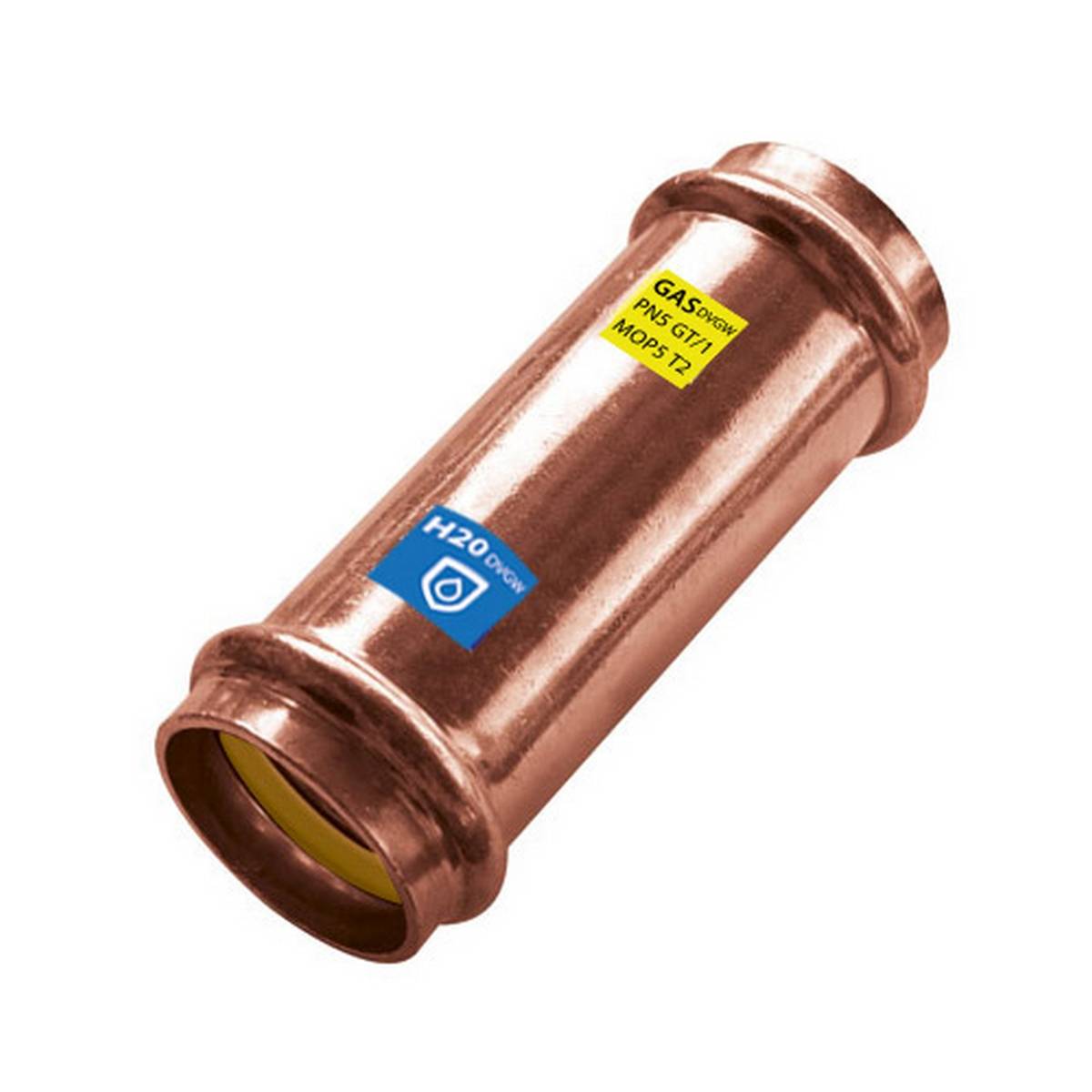 Kupferzylinderfitting mit gekennzeichneten Gas- und H2O-Anschlüssen, gezeigt auf weißem Hintergrund.