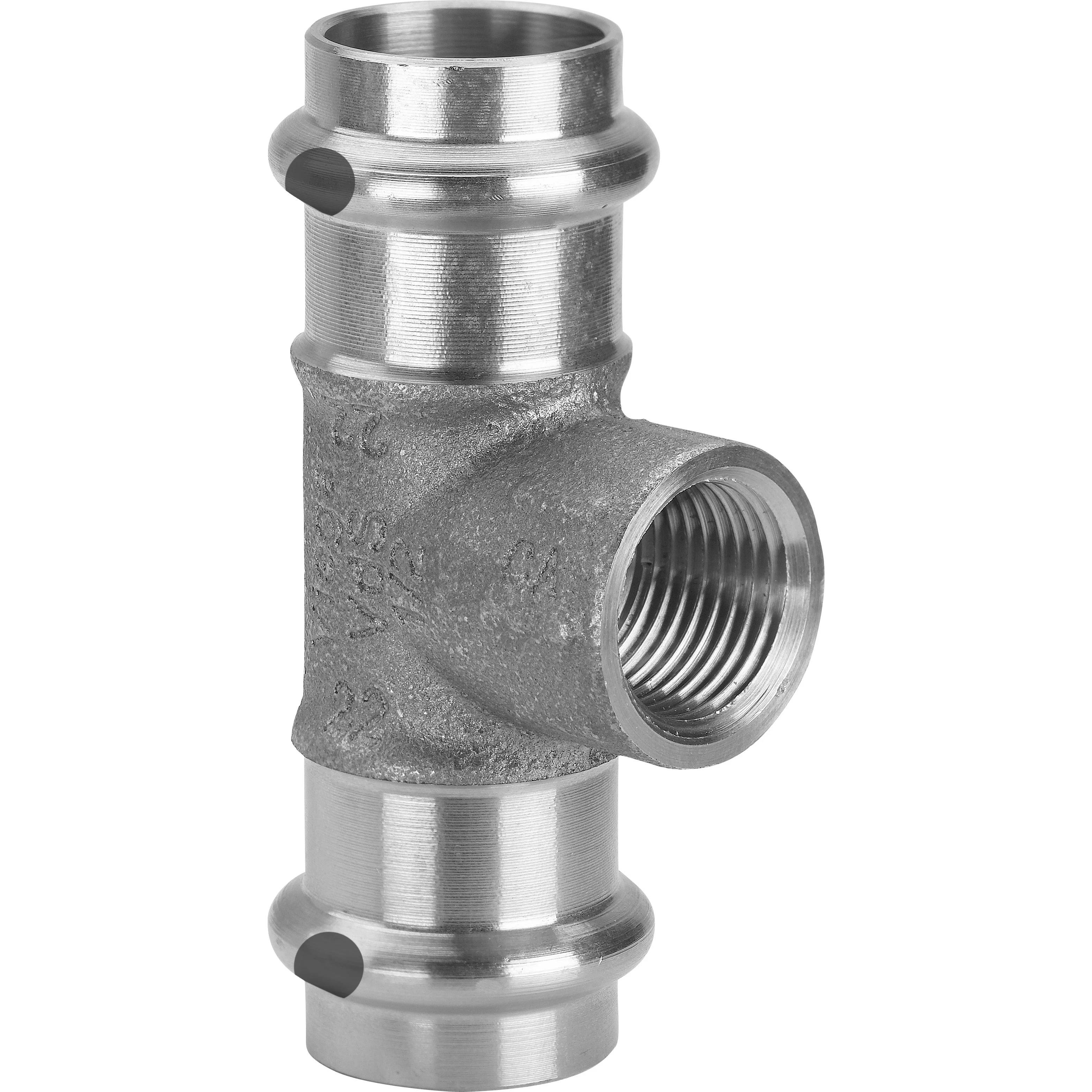 Metall-Sanitär-T-Fitting mit einem weiblichen Gewinde-Anschluss und zwei Pressfittings auf weißem Hintergrund.