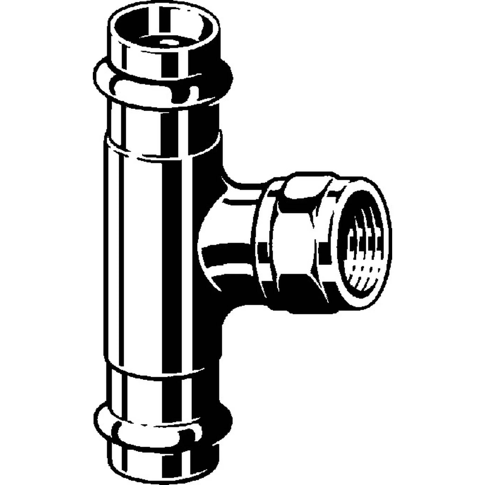 Schwarz-Weiß-Illustration einer Sanitär-T-Verbindung mit gewindebearbeitetem Seitenauslass und Rohrverbindungen mit durchgehender Leitung.