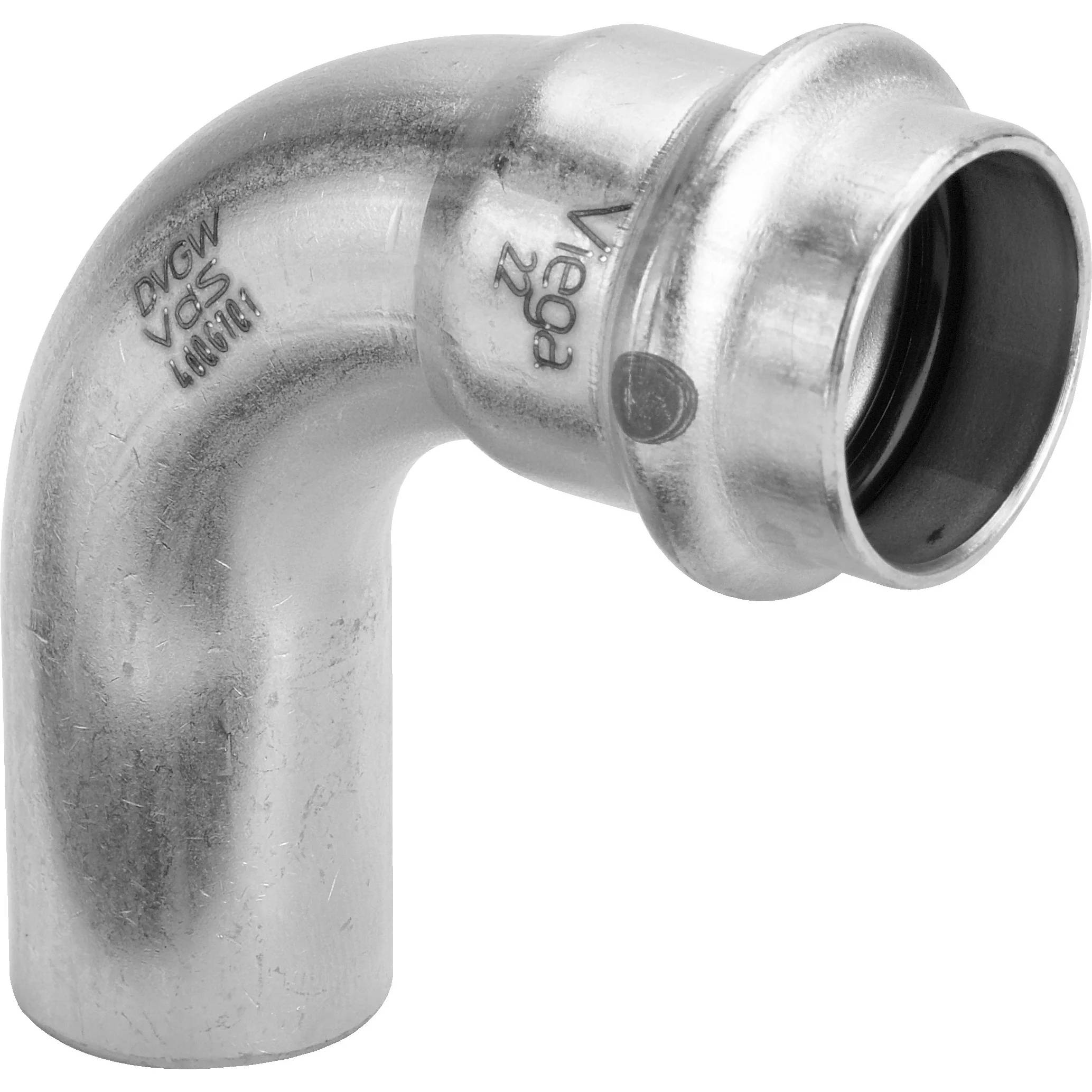 Ein silberfarbenes Metall-Rohrbogen-Fitting für Sanitäranlagen mit 90-Grad-Winkel und Flanschende, gezeigt vor weißem Hintergrund.