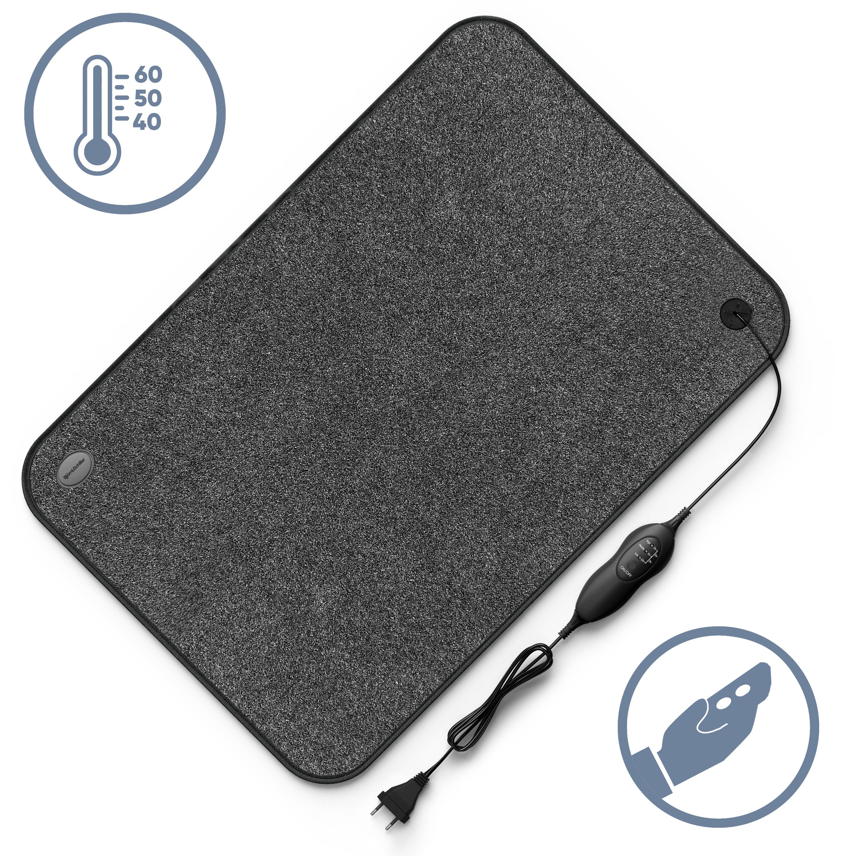 Björn&Schiller elektrische Heizmatte, 3 Heizstufen, Timer, 100 Watt, 40x60 cm, Heizteppich für Fußboden, beheizbare Fußmatte für Büro, Wohnwagen