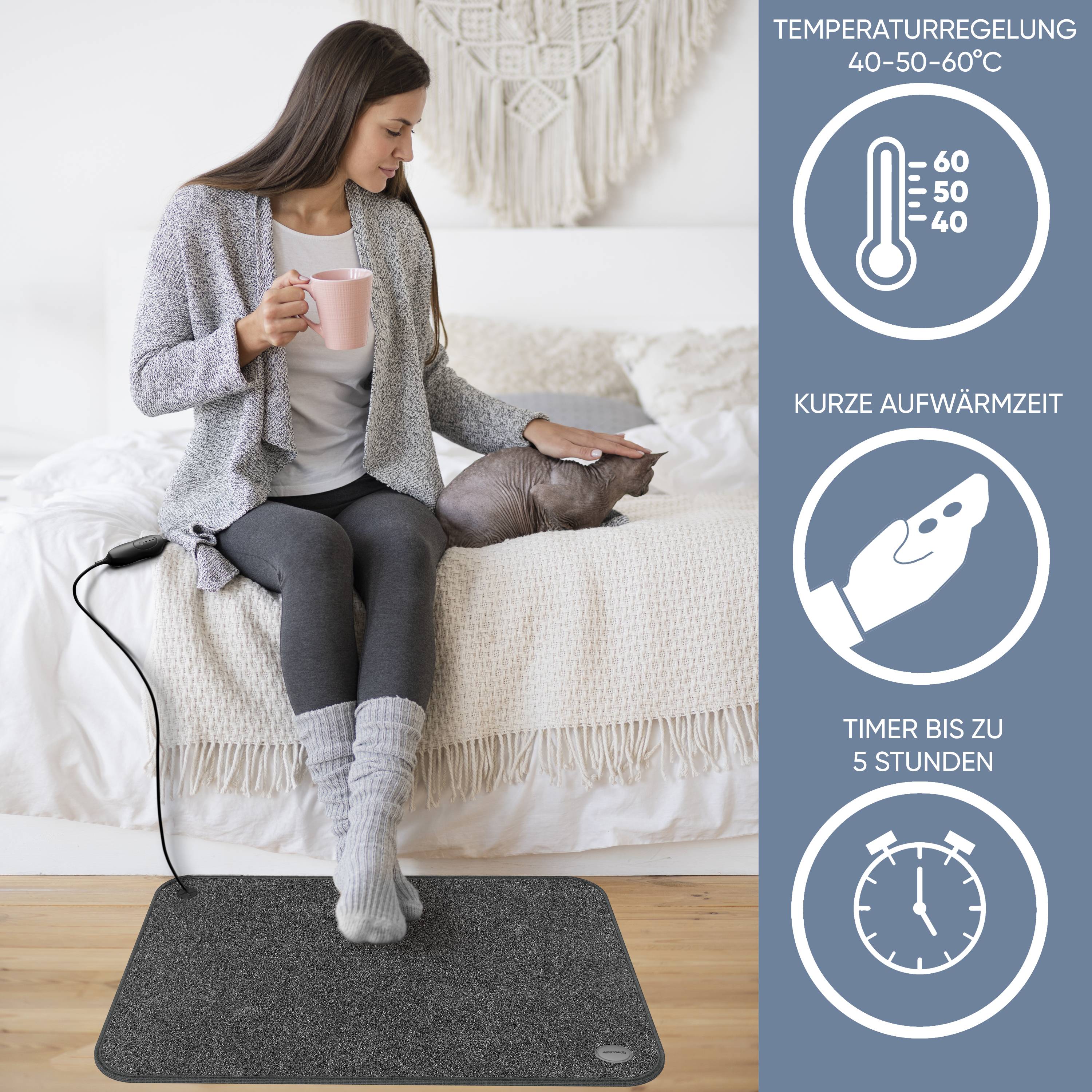 Björn&Schiller elektrische Heizmatte, 3 Heizstufen, Timer, 100 Watt, 40x60 cm, Heizteppich für Fußboden, beheizbare Fußmatte für Büro, Wohnwagen