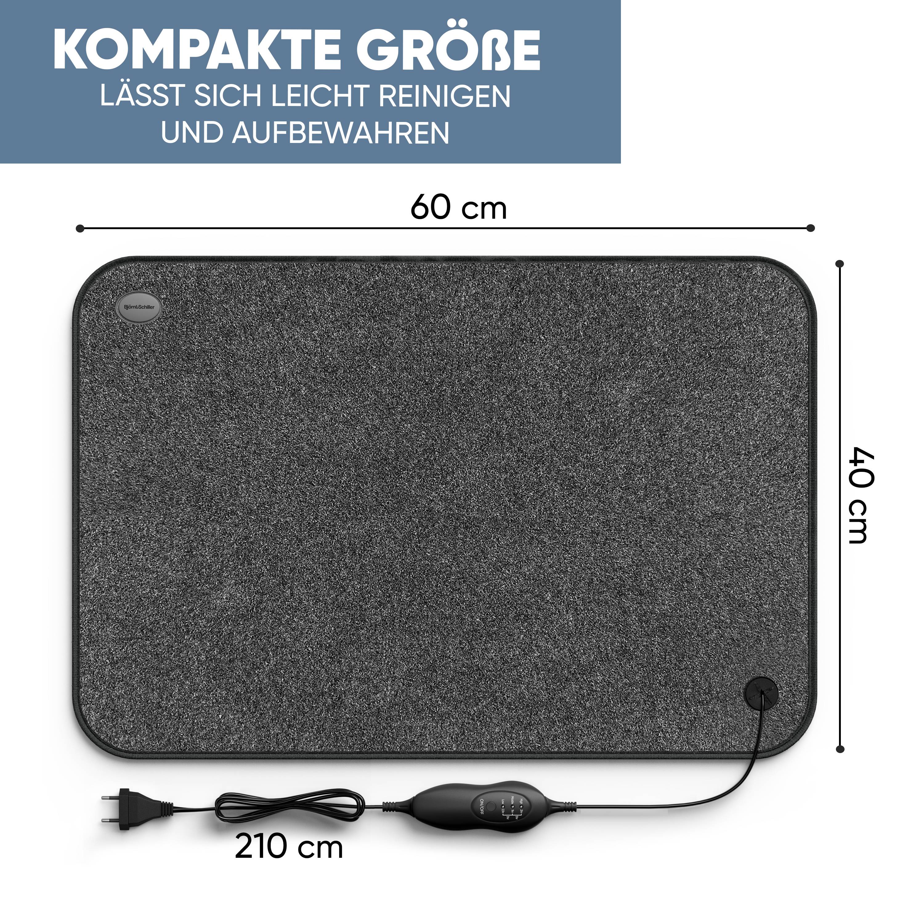 Björn&Schiller elektrische Heizmatte, 3 Heizstufen, Timer, 100 Watt, 40x60 cm, Heizteppich für Fußboden, beheizbare Fußmatte für Büro, Wohnwagen