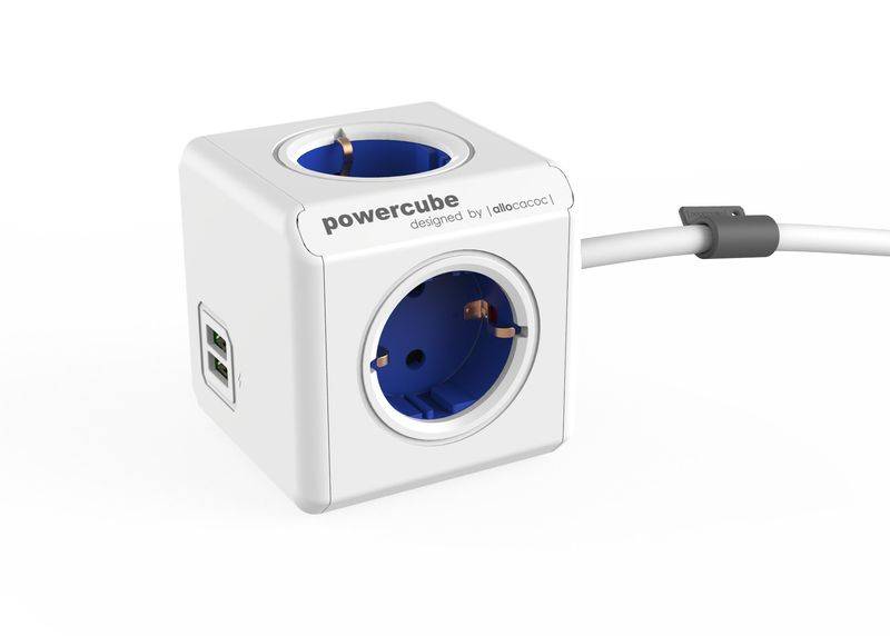 allocacoc PowerCube DuoUSB Extended Blau EU (10A max.), 4 fach Steckdosenverteiler mit 2,1 A USB Ladestrom, Weiß Blau