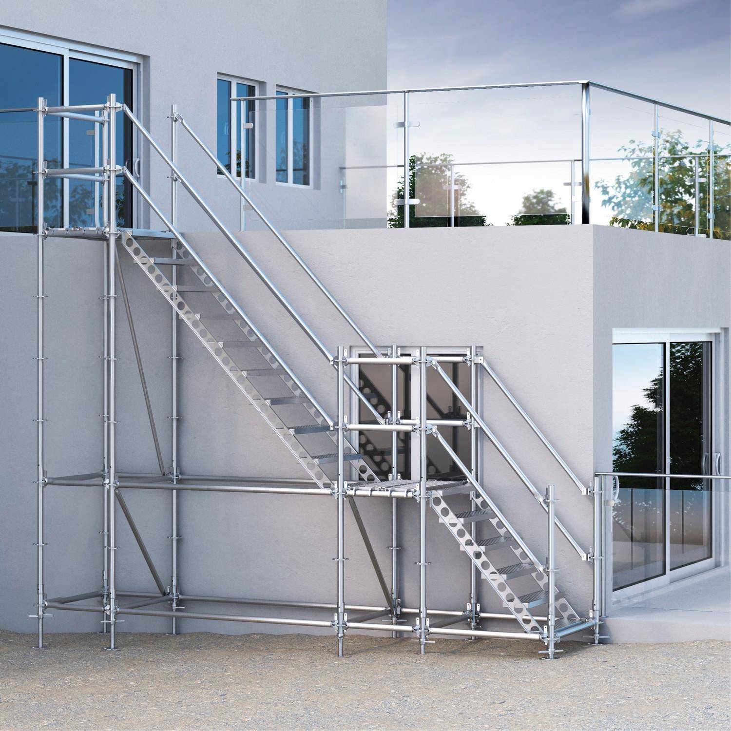 Bautreppe Außentreppe feuerverzinkt für 3 m Höhenunterschied mit Podest