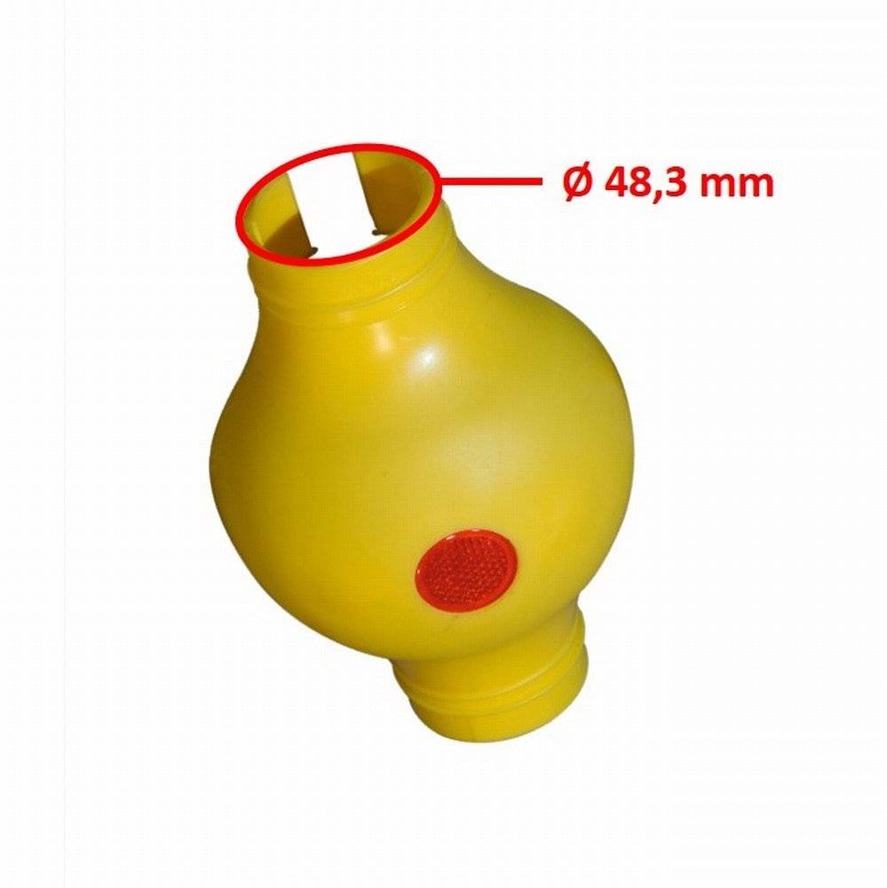 Ein gelbes Kunststoffobjekt mit einer kreisförmigen Öffnung oben, beschriftet mit „Ø 48,3 mm