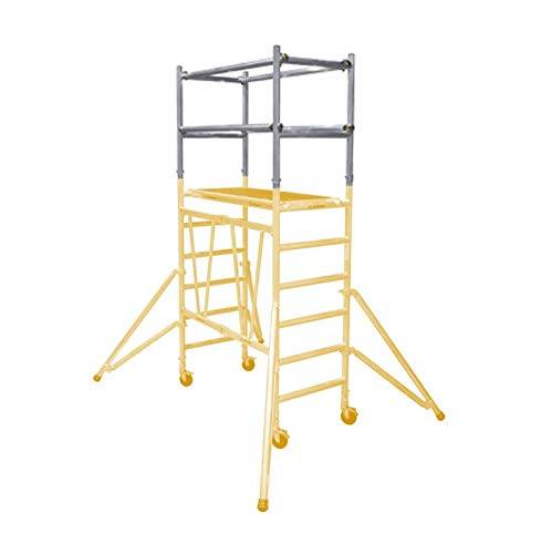Ein gelüstes mobiles Gerüst mit Rädern und Sicherheitsgeländern, ausgestattet mit einer Leiter für den Zugang, konzipiert für erhöhte Arbeitstätigkeiten.
