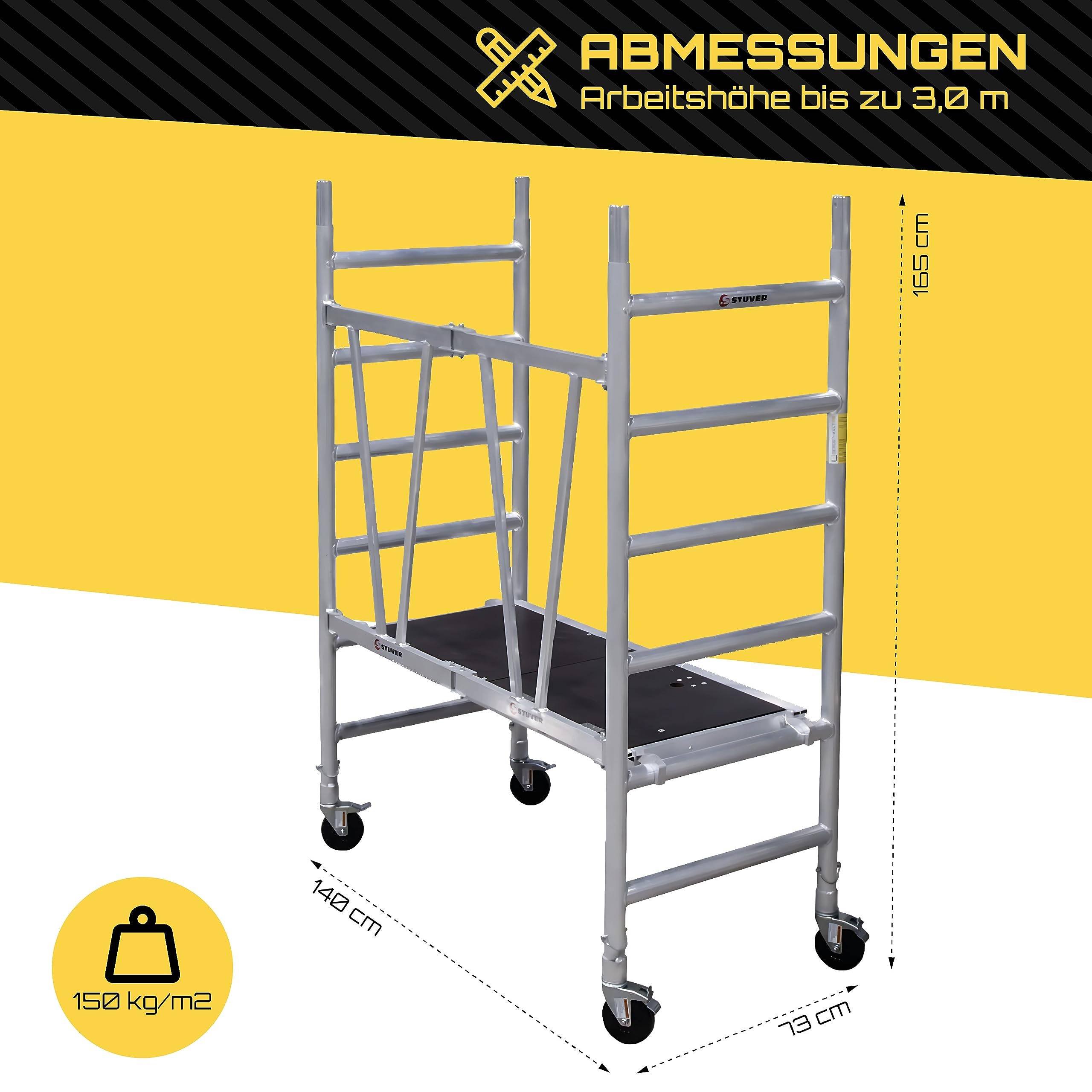 Mobile Gerüsteinheit mit einer Plattformhöhe von 165 cm, Grundfläche 149 cm mal 73 cm. Trägt bis zu 150 kg/m², wie im deutschen Text angegeben.