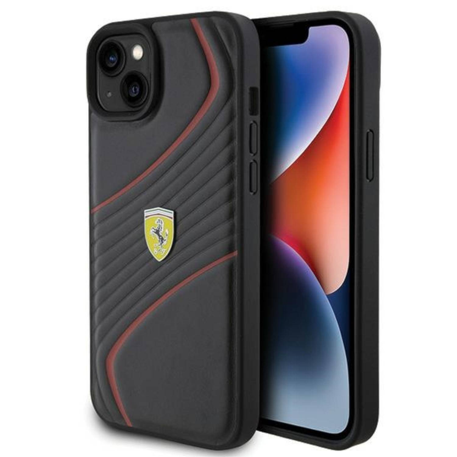 Ferrari Apple iPhone 15 Plus Schutzhülle Case Cover Twist Metal Logo Schwarz