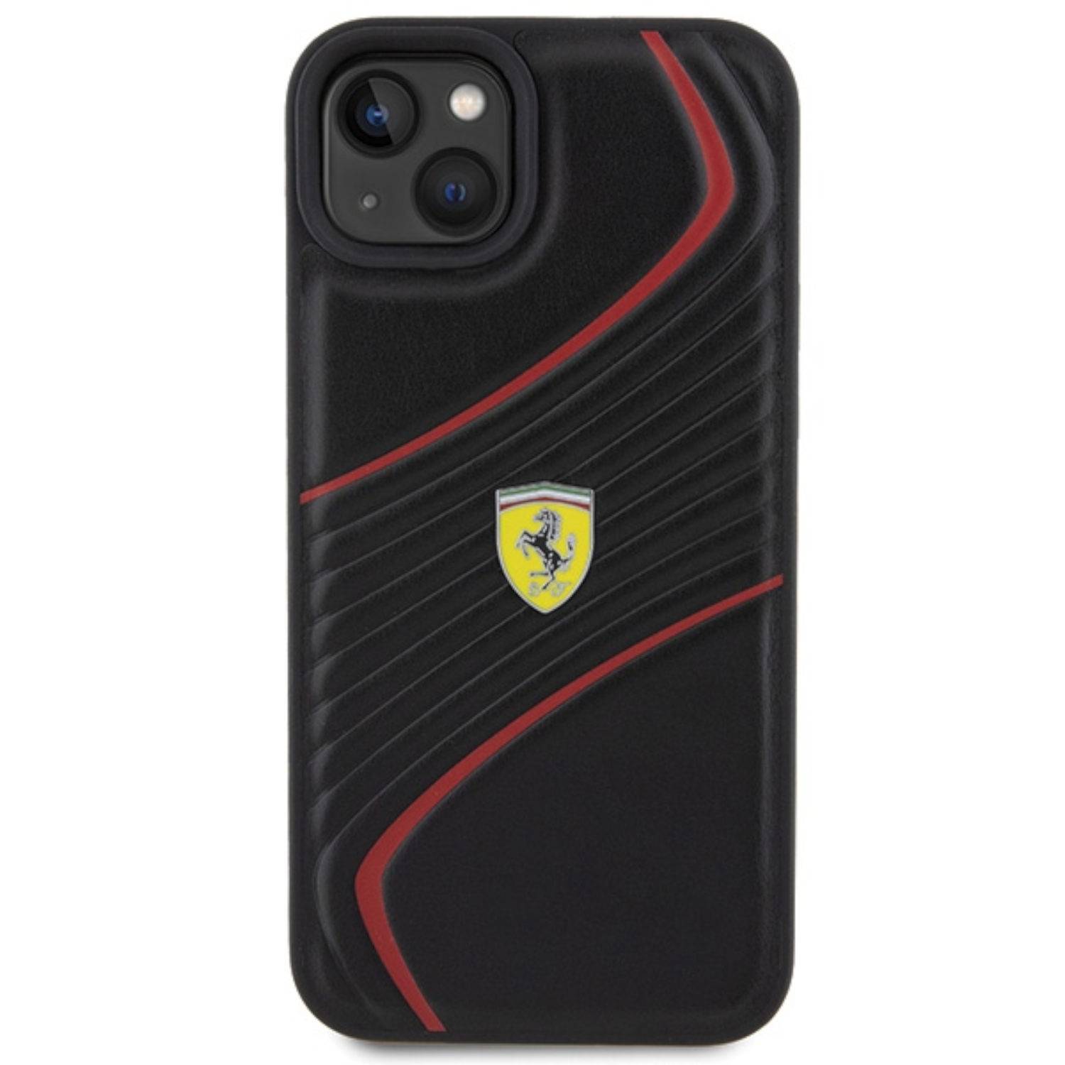 Ferrari Apple iPhone 15 Plus Schutzhülle Case Cover Twist Metal Logo Schwarz