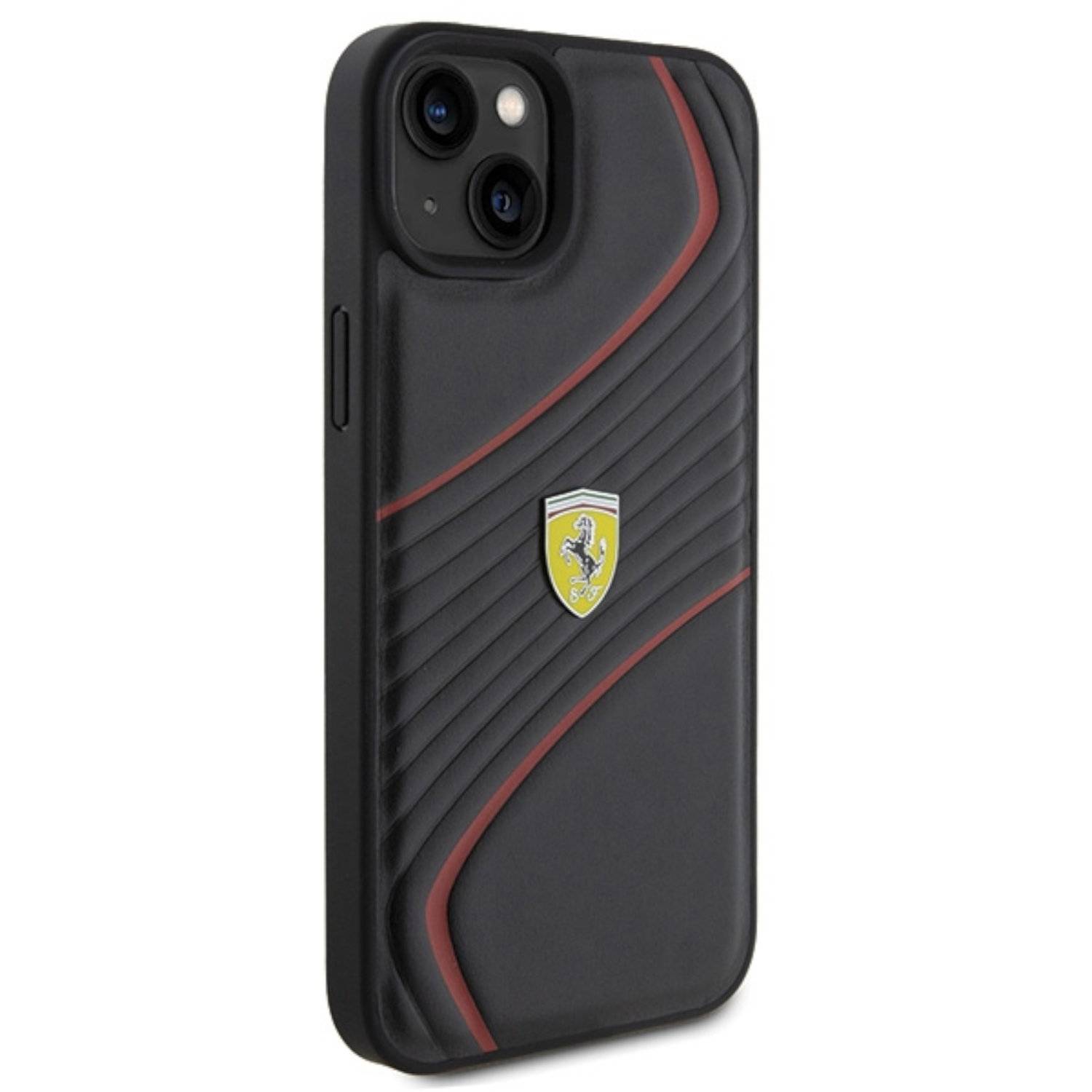 Ferrari Apple iPhone 15 Plus Schutzhülle Case Cover Twist Metal Logo Schwarz