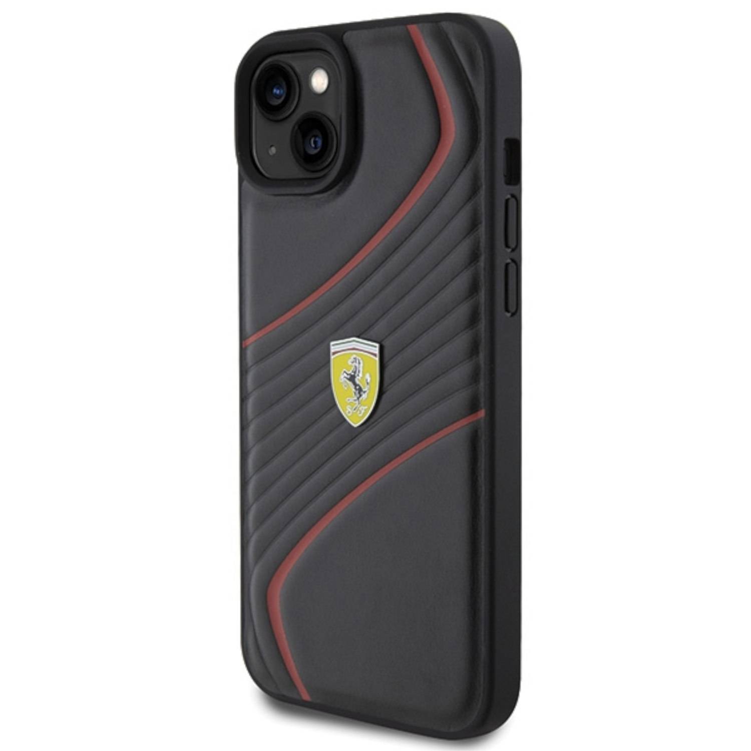 Ferrari Apple iPhone 15 Plus Schutzhülle Case Cover Twist Metal Logo Schwarz