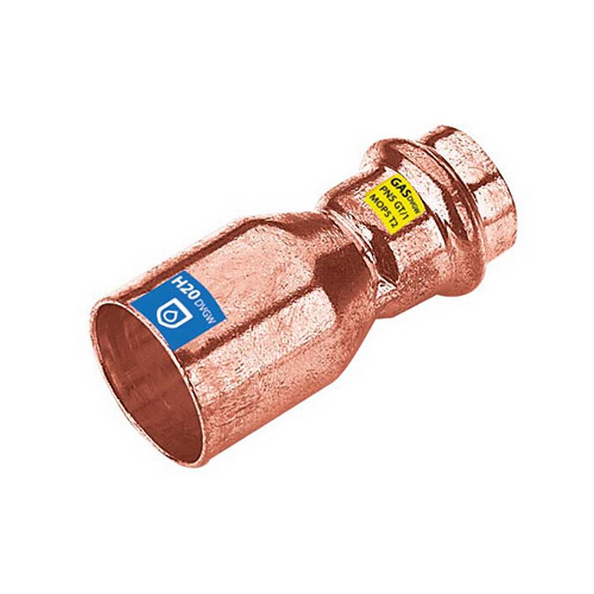 Kupfer-Rohrkupplung mit Beschriftungen für H2O auf einer Seite und GAS auf der anderen Seite, dargestellt auf weißem Hintergrund.