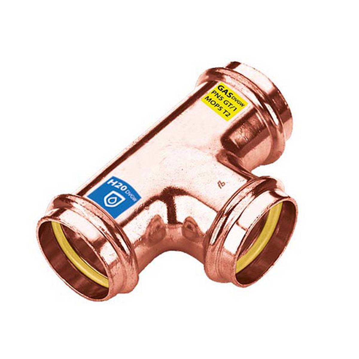 Kupfer-Rohrleitungs-T-Stück mit drei kreisförmigen Öffnungen, gekennzeichnet für Gas- und H2O-Verwendung auf weißem Hintergrund.