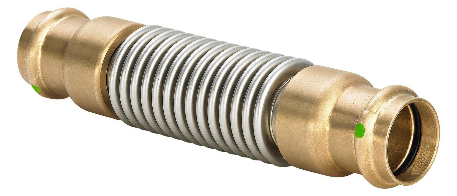 Flexibler Metallschlauch-Verbinder mit Messingfittings an beiden Enden, dargestellt vor weißem Hintergrund.