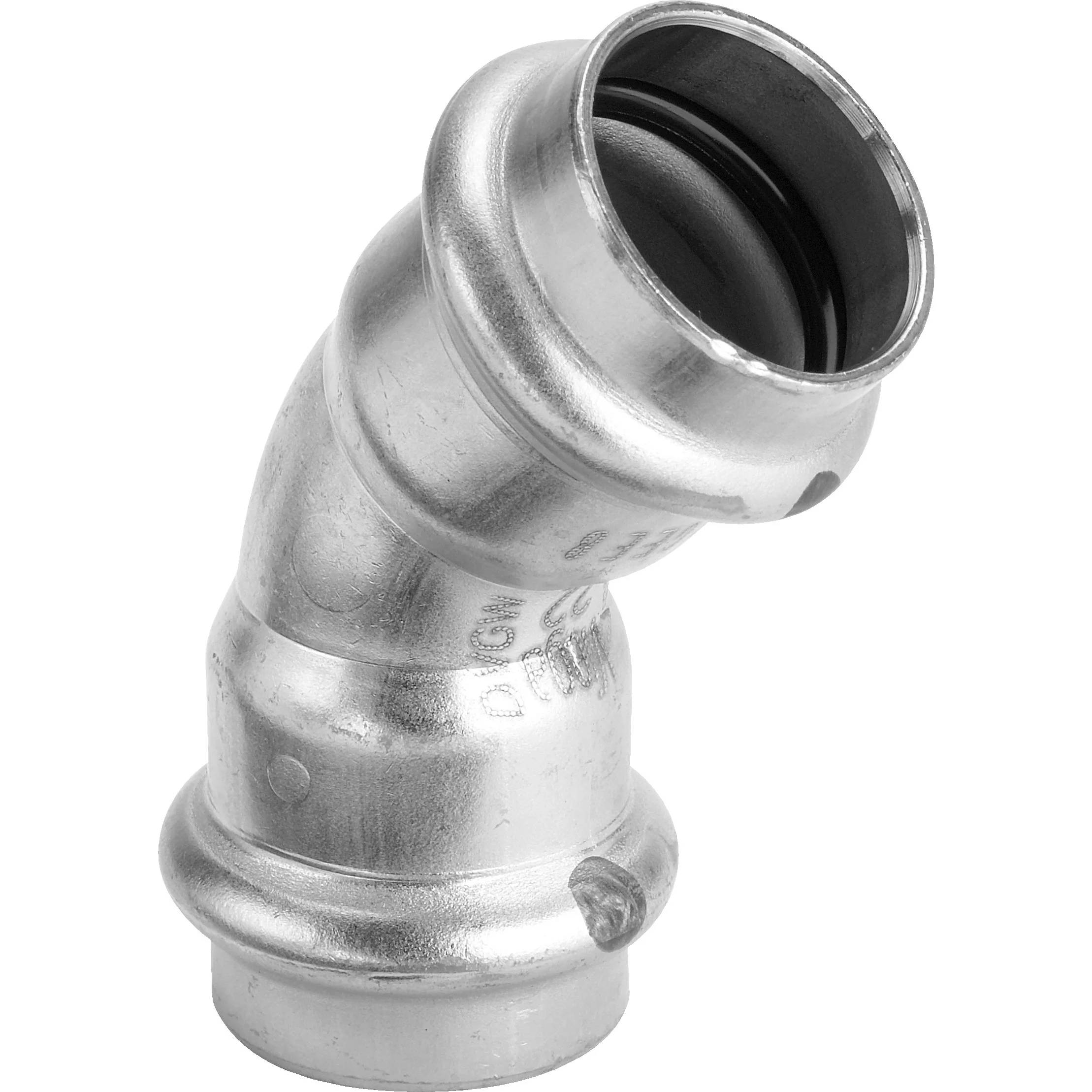 Silber-Metallrohrwinkel 45 Grad mit gerillten Enden, dargestellt auf weißem Hintergrund.