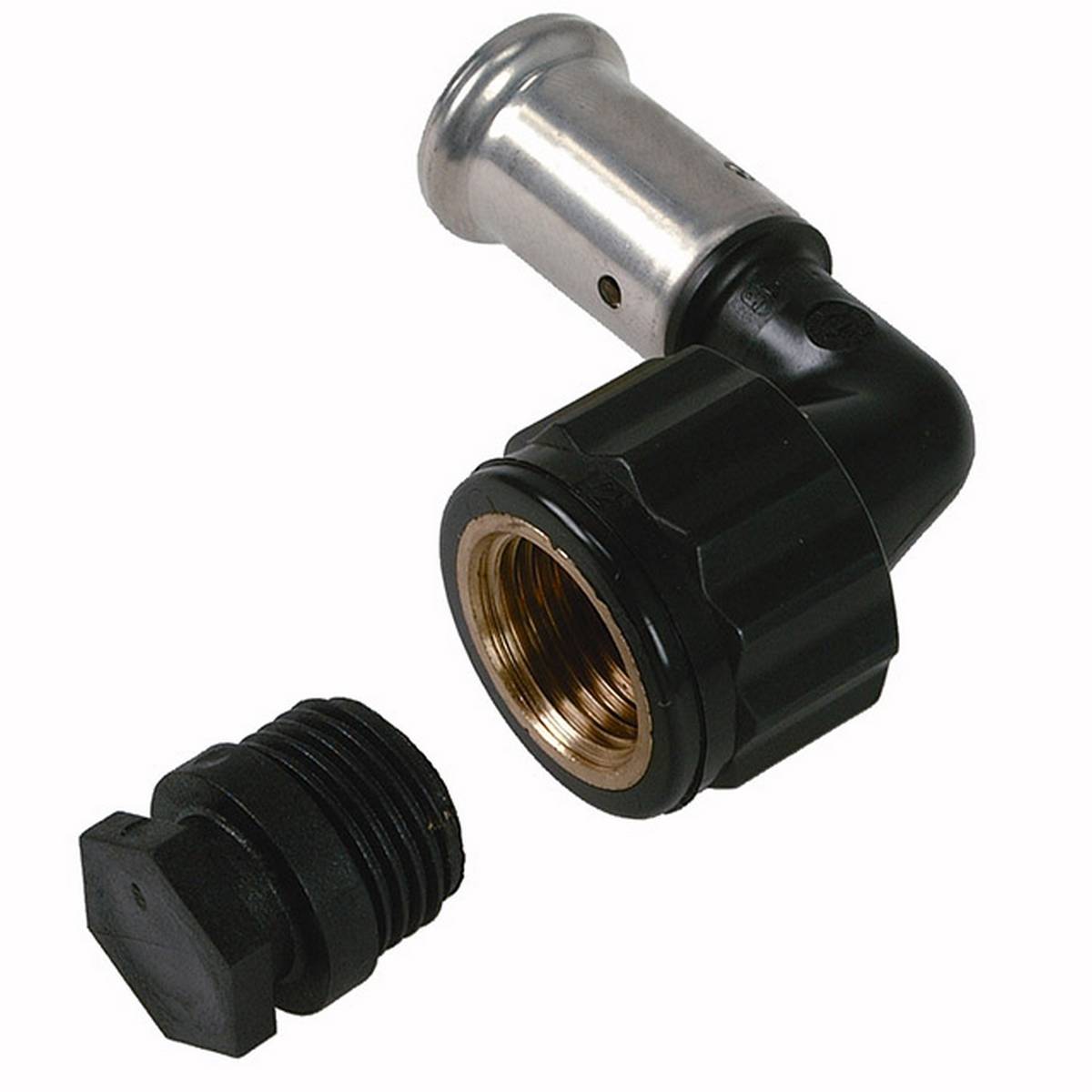 Schwarze Kunststoff-Rohrbiegung im rechten Winkel mit Metallpressende, dargestellt mit separatem Gewinde-Schwarzplug auf weißem Hintergrund.