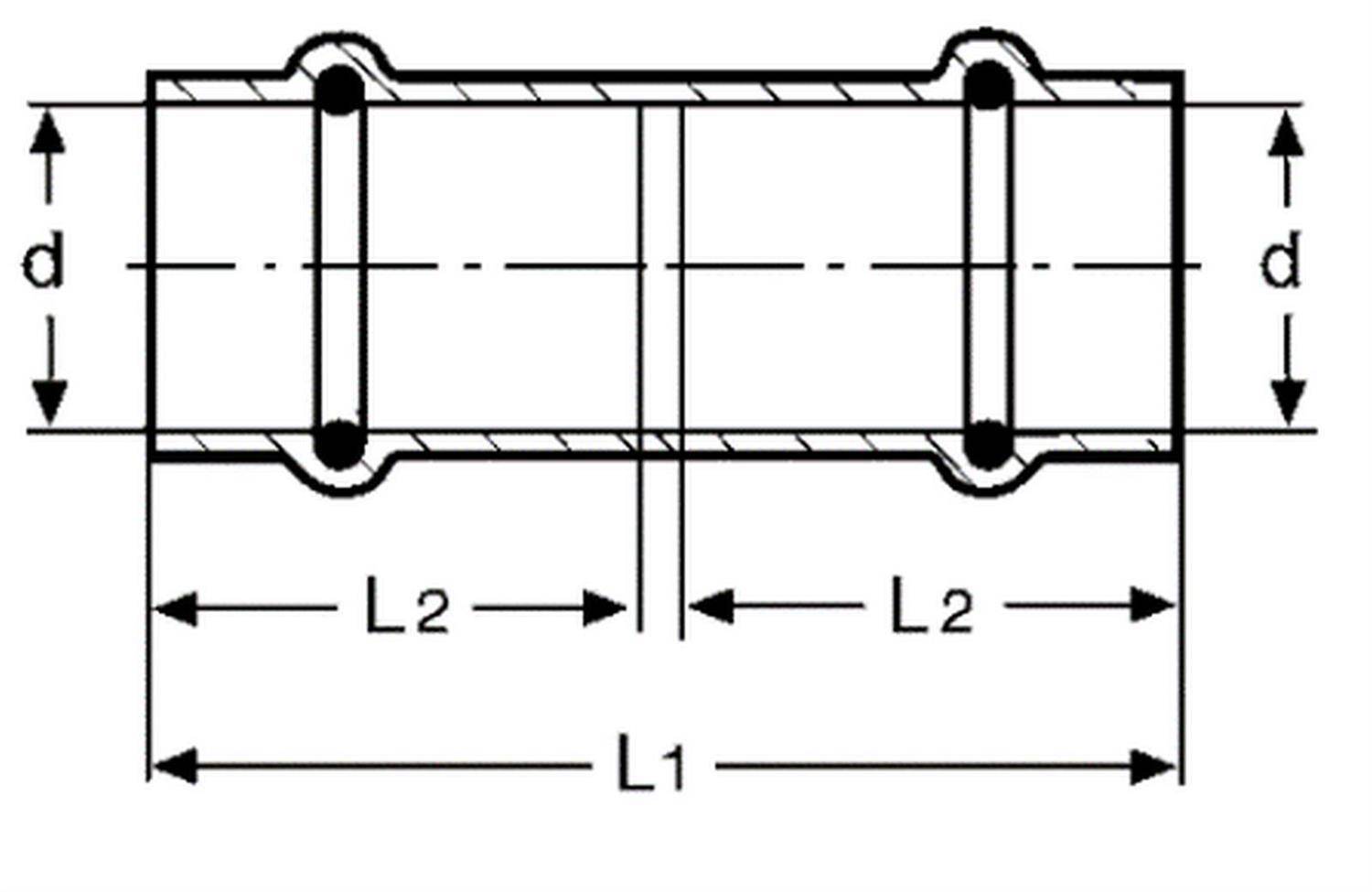 Technische Zeichnung einer zylindrischen Welle oder eines Rohres mit zwei Anschlüssen, die Abmessungen d, L1 und zwei gleiche L2-Abschnitte entlang der Mittellinie zeigend.