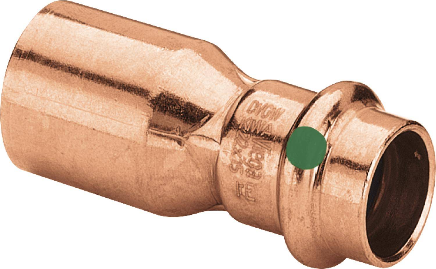 Kupferrohrverbinder mit einem grün markierten Ring, dargestellt auf weißem Hintergrund.