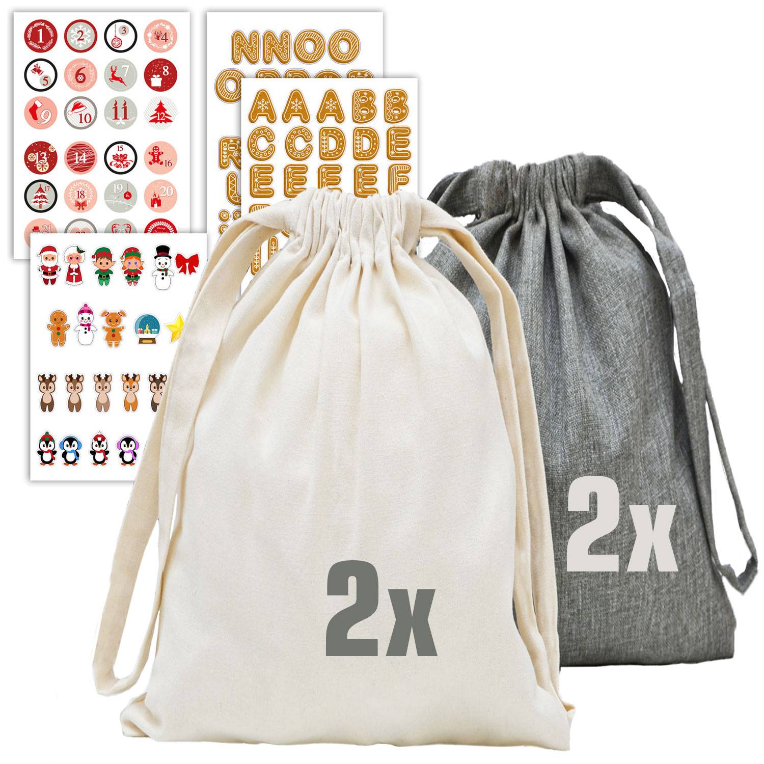 4 Geschenkbeutel Weihnachten - 200 Aufkleber - 32x32 Stoffbeutel Säckchen Groß