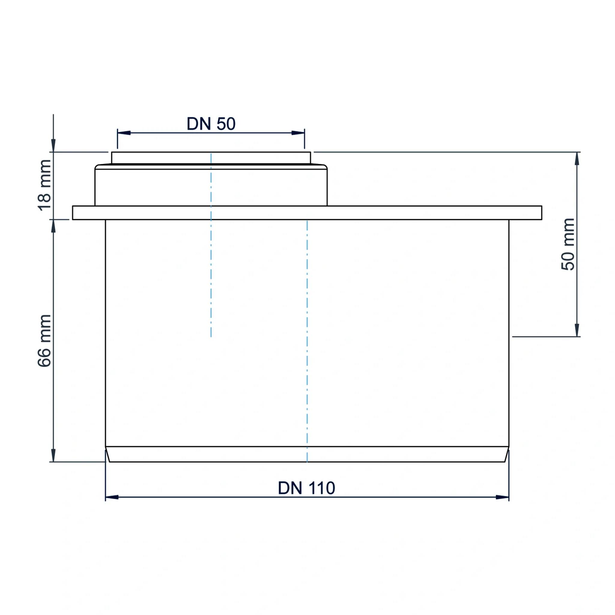 Technische Maßzeichnung eines zylindrischen Bauteils mit DN 50 oben und DN 110 unten, mit beschrifteten Höhen von 18 mm, 66 mm und 50 mm.