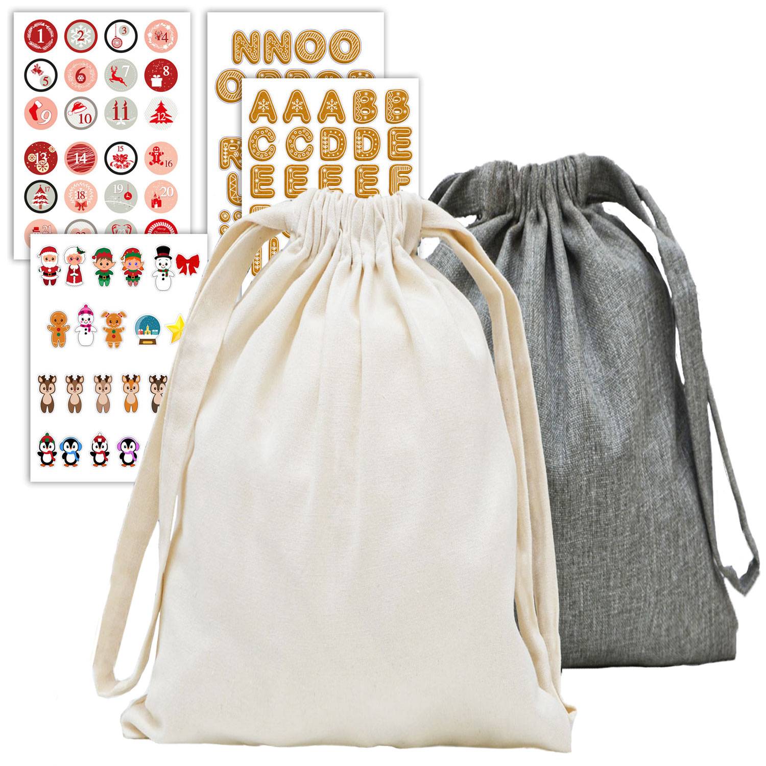 2 Geschenkbeutel Weihnachten - 100 Aufkleber - 32x32 Stoffbeutel Säckchen Groß
