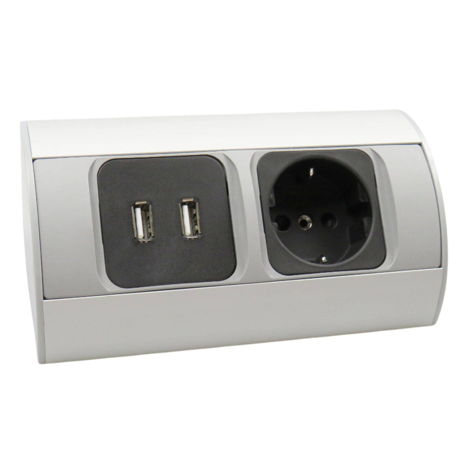 kalb | 2-fach Eckteckdosenleiste zur Montage, 1x 230V und 2x USB Steckdosen, Anschlusskabel ohne Stecker, silber/schwarz