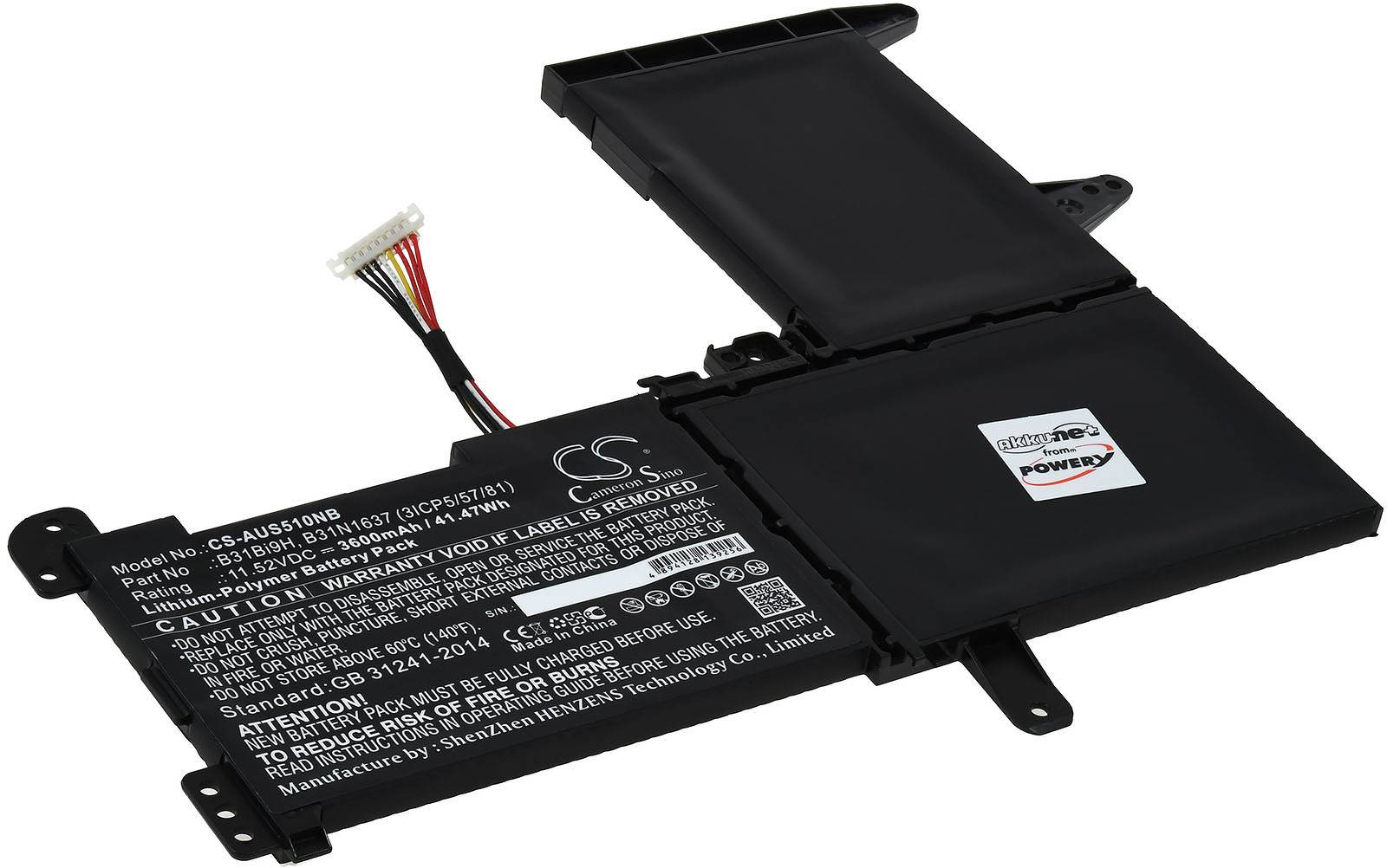 Powery Akku für Laptop Asus K510UR-BQ205T, 11,52V, Li-Polymer