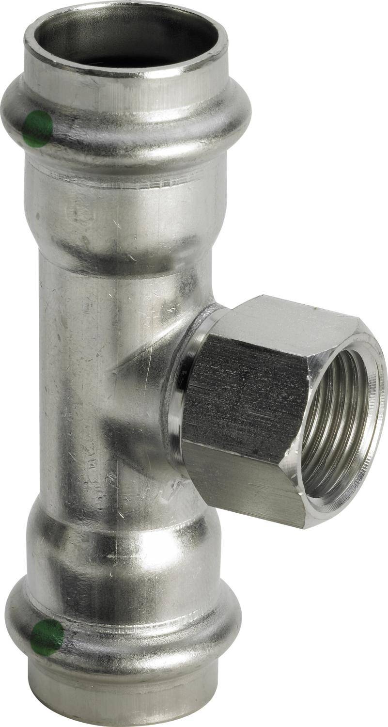 Metallrohrverbinder mit seitlichem Innengewinde-Anschluss, auf weißem Hintergrund dargestellt.