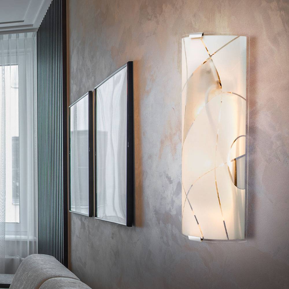 Wandleuchte Wandlampe Flurleuchte Wohnzimmerleuchte Glas satiniert chrom, Dekorlinien, 2x E27 Fassungen, BxHxT 36x15x6 cm