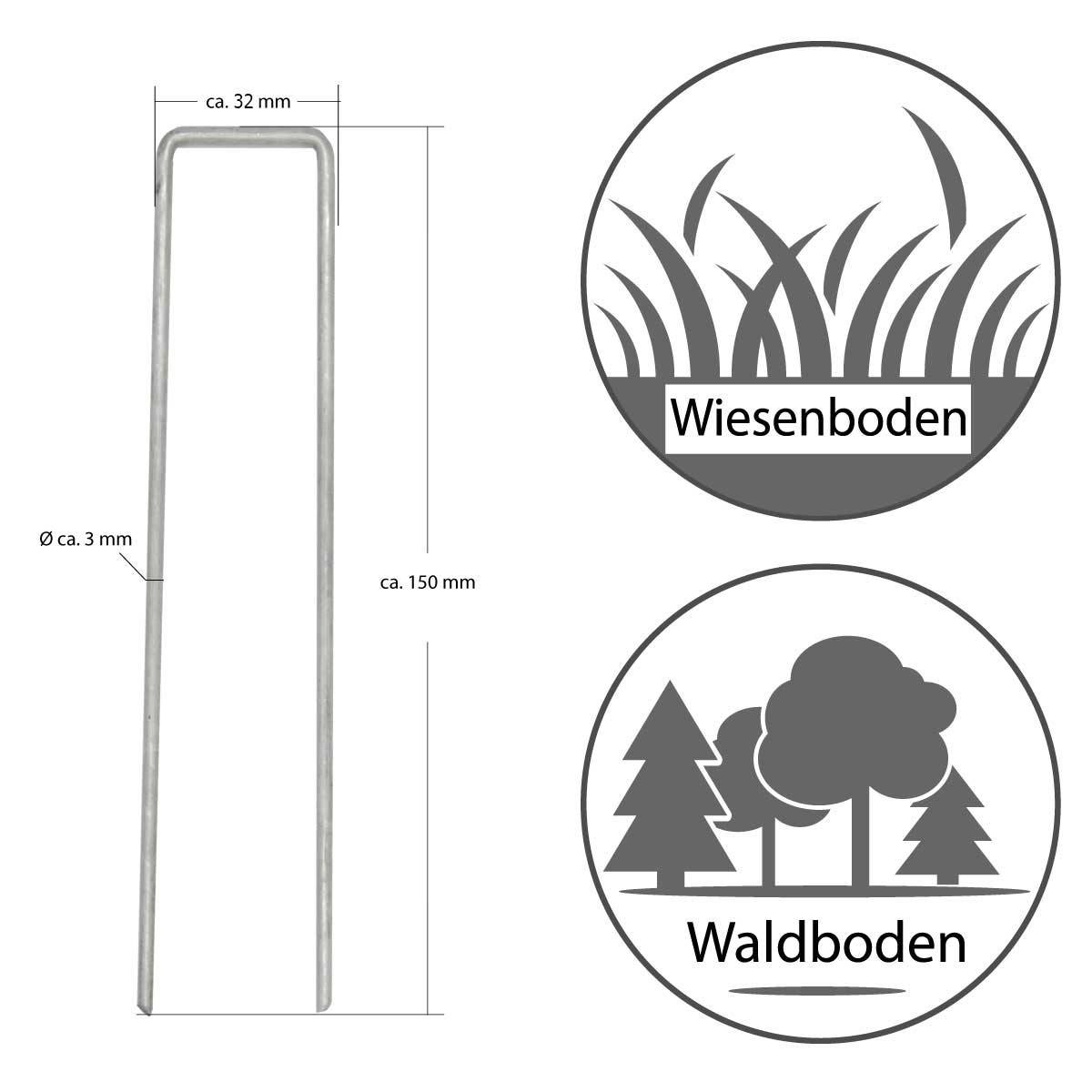 100 Stück Ø3mm Erdanker verzinkt 150x30mm Befestigungsanker Unkraut-Vlies Stahl Erdnägel Bodenanker U-Form U-Form eckig