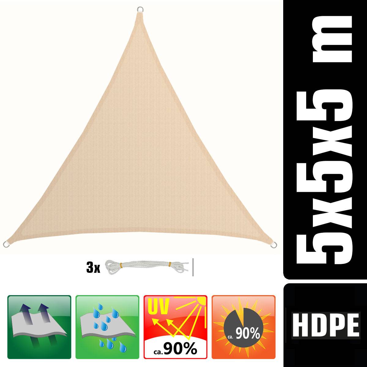 UV Sonnensegel 5x5x5 HDPE Dreieck Sonnenschutz Überdachung Balkon Garten Beige