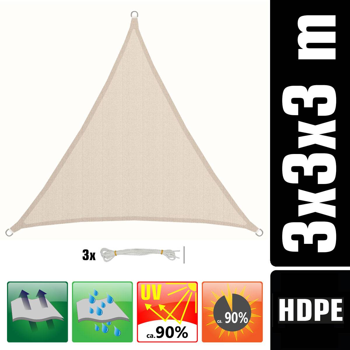 UV Sonnensegel 3x3x3 HDPE Dreieck Sonnenschutz Überdachung Balkon Garten Beige