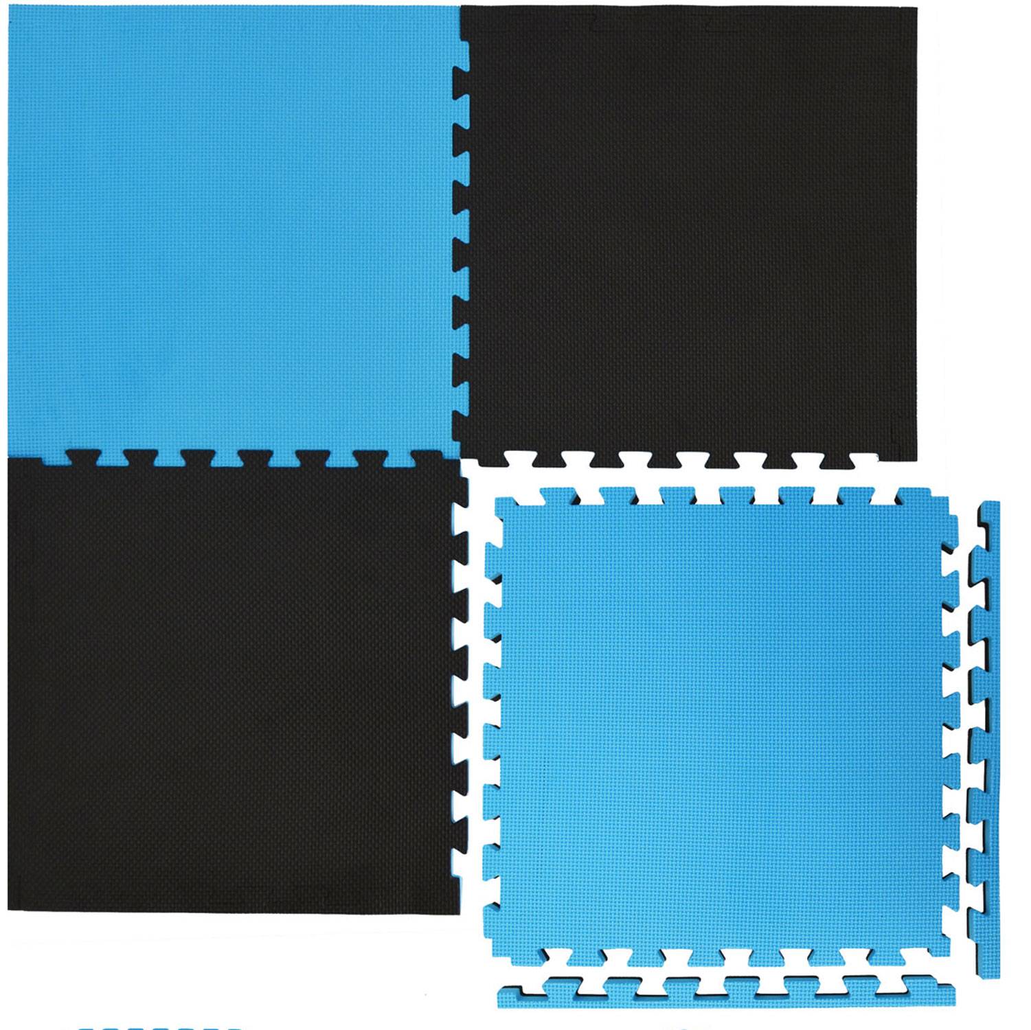 Verschlungene blaue und schwarze Schaumstoff-Bodenmattenfliesen in einem Gittermuster angeordnet, mit einer separaten blauen Matte auf der rechten Seite gezeigt.